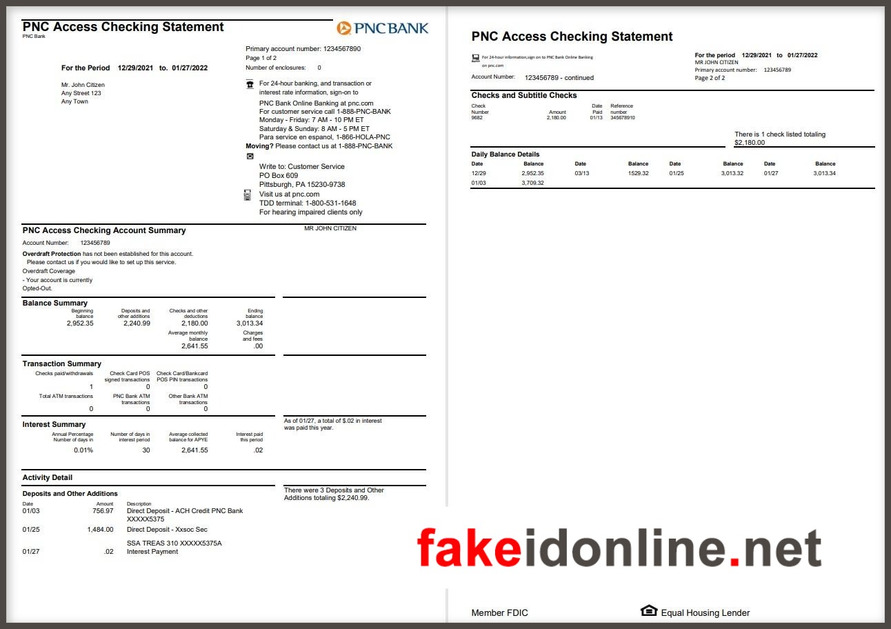 PNC Editable Word Bank Statement